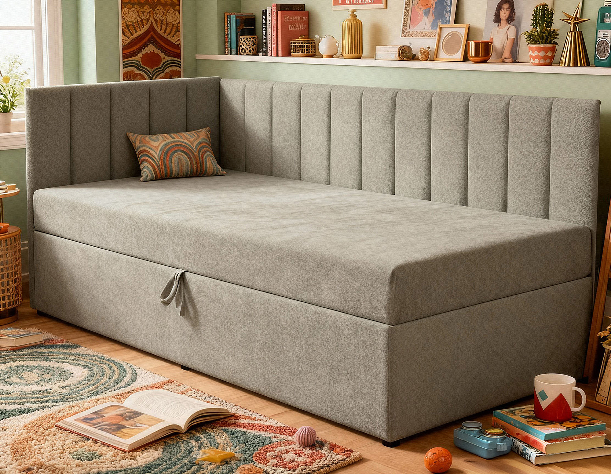 Aranżacja wnętrza z szarym tapczanem Favero