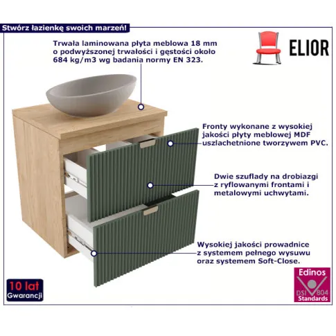 Elegancka ryflowana szafka pod umywalkę nablatową szałwiowy front korpus orzech Oxel 3X