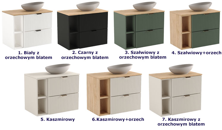 Ryflowana wisząca szafka pod umywalkę nablatową szałwiowy+orzech Oxel 5X