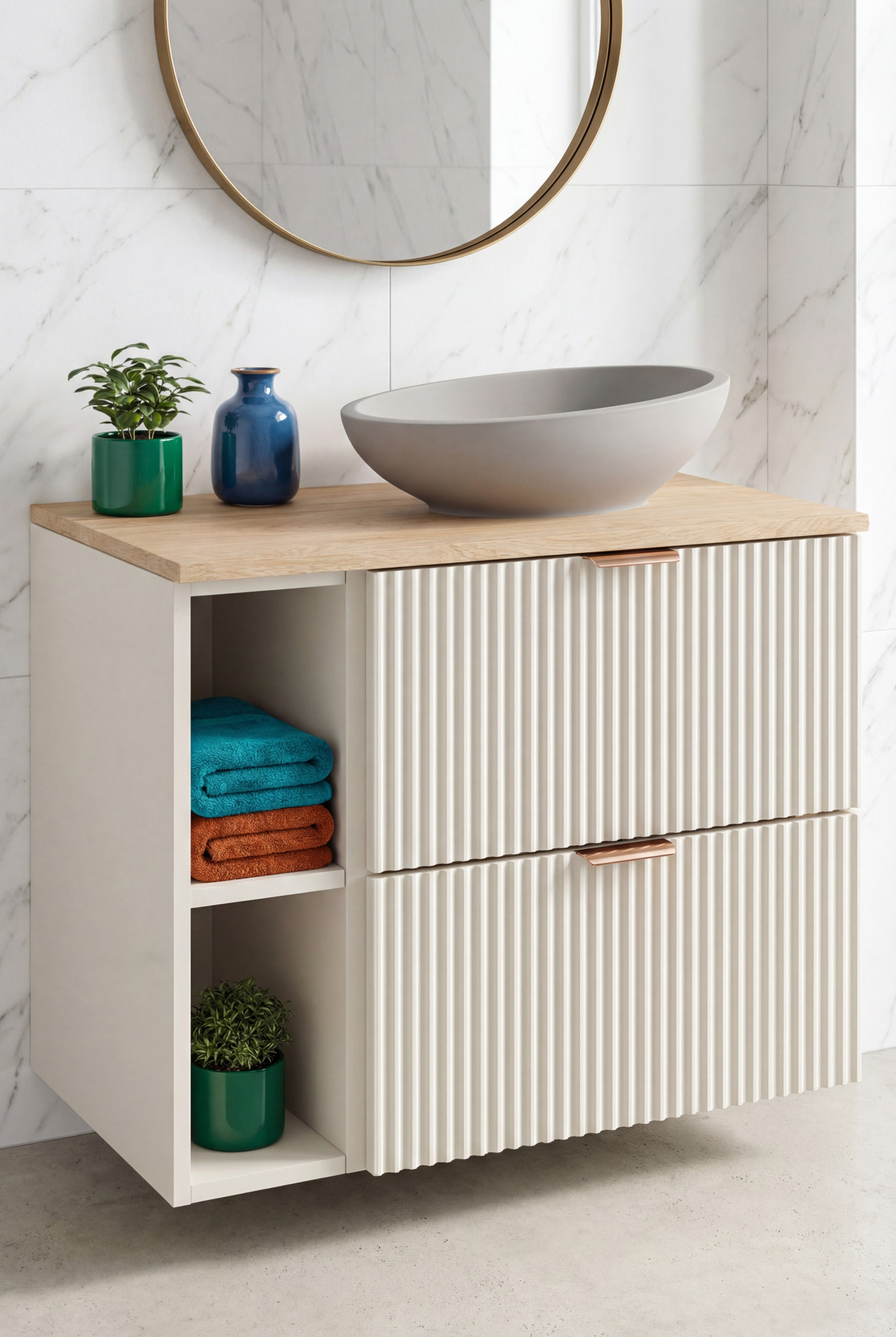 Łazienka z wykorzytsaniem kaszmirowej szafki pod umywalkę Enda 5X