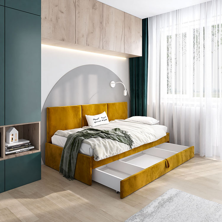 aranżacja z musztardowym tapczanem młodzieżowym Huzox 6X