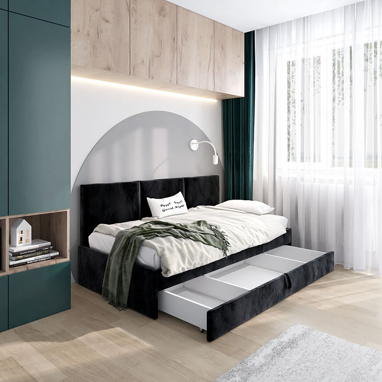 aranżacja z czarnym tapczanem młodzieżowym Huzox 6X