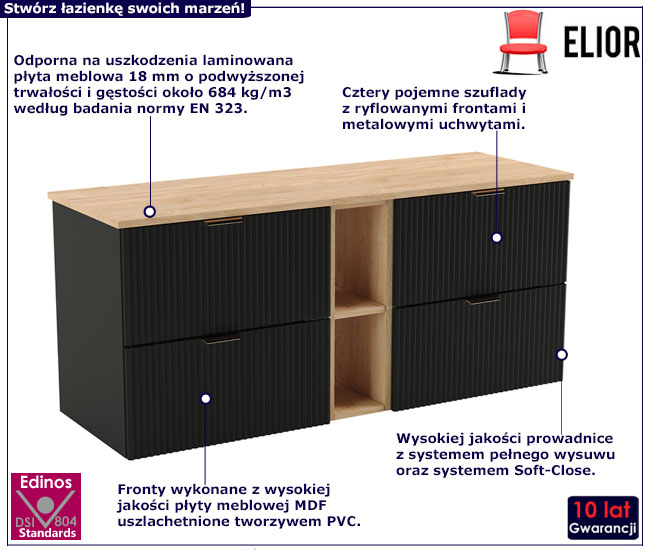 Czarno-orzechowa ryflowana szafka ścienna pod umywalkę 140 Enda 7X