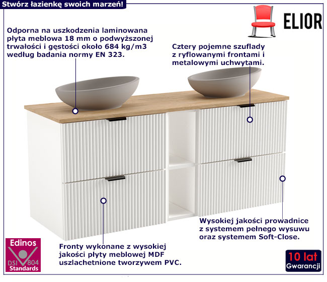 Biała ryflowana szafka ścienna pod umywalkę 140 cm Enda 7X