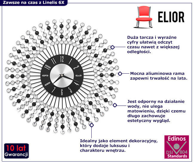 Czarny zegar ścienny do salonu Bennet 6X