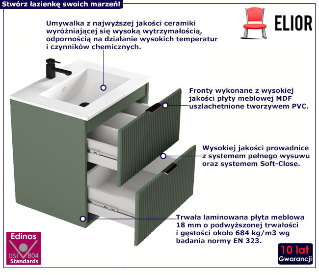 Szałwiowa szafka z umywalką do łazienki z szufladami 60 cm Enda 8X