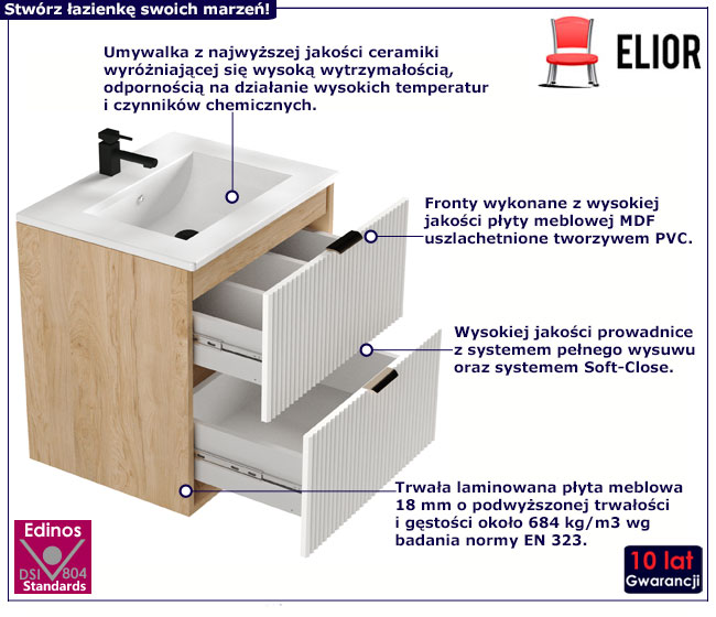 Szafka z umywalką do łazienki z szufladami 60 cm Enda 8X biały + orzech
