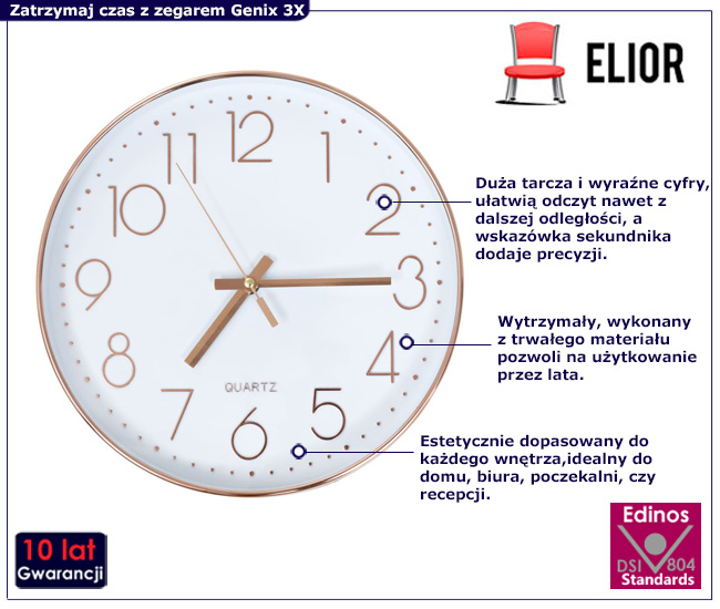 ścienny zegar z różowego złota Genix 3x