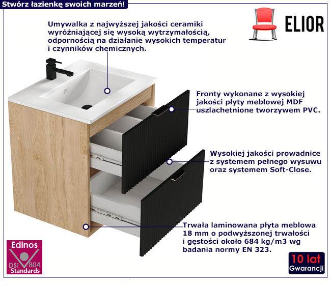 Szafka z umywalką do łazienki z szufladami 60 cm Enda 8X czarny + orzech