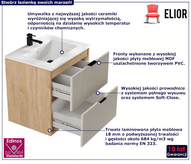 Szafka z umywalką do łazienki z szufladami 60 cm Enda 8X kaszmirowy + orzech