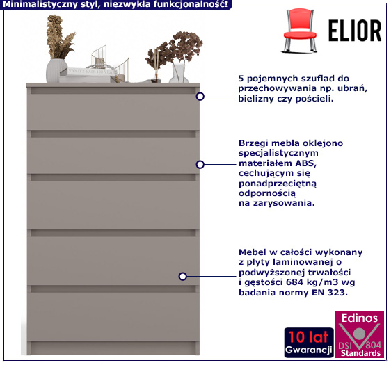 Minimalistyczna wysoka komoda z szufladami Selis glina