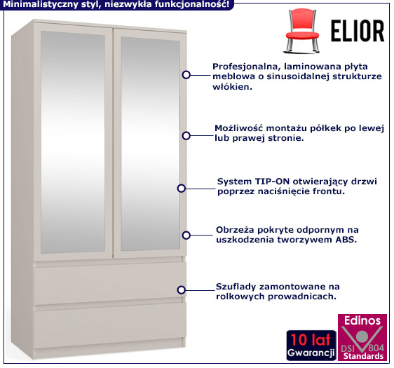 Minimalistyczna szafa ubraniowa z lustrami Bafix kaszmir