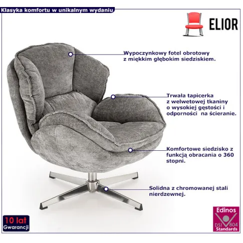 fotel Besari z funkcją obracania siedziska popielaty