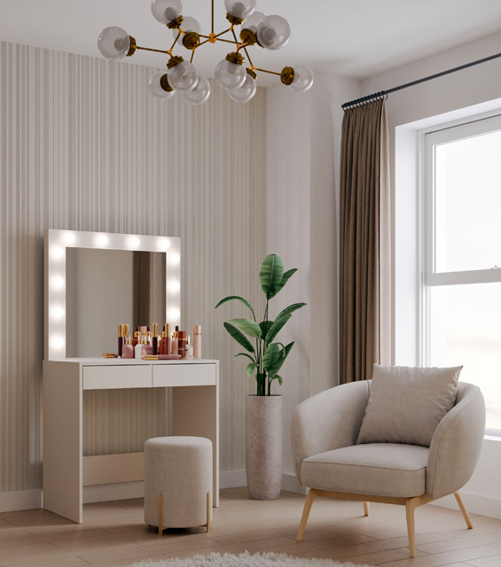 Sypialnia z wykorzystaniem toaletki z lustrem podświetlanym Wenus 3X kaszmir