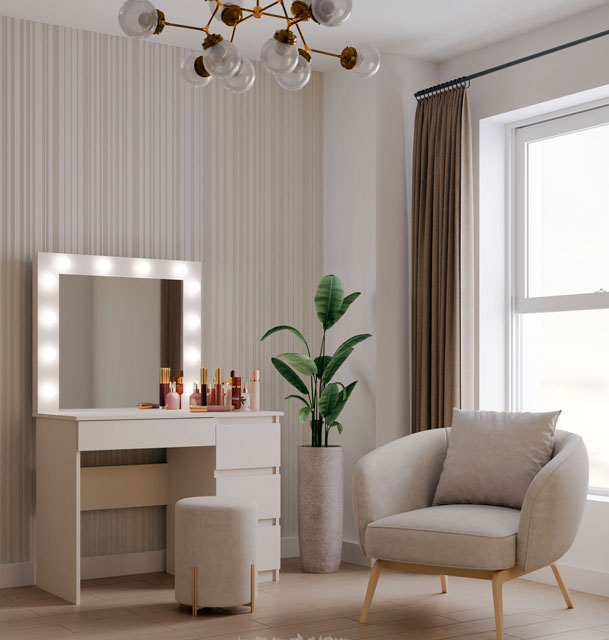 Wnętrze z zastosowaniem toaletki z lustrem podświetlanym Wenus 5X kaszmir