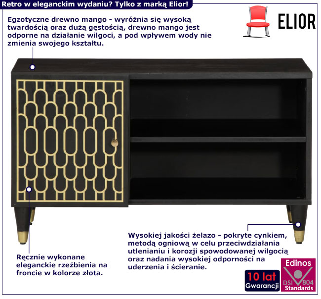 Czarna niska szafka RTV na nóżkach retro Rebex 17X