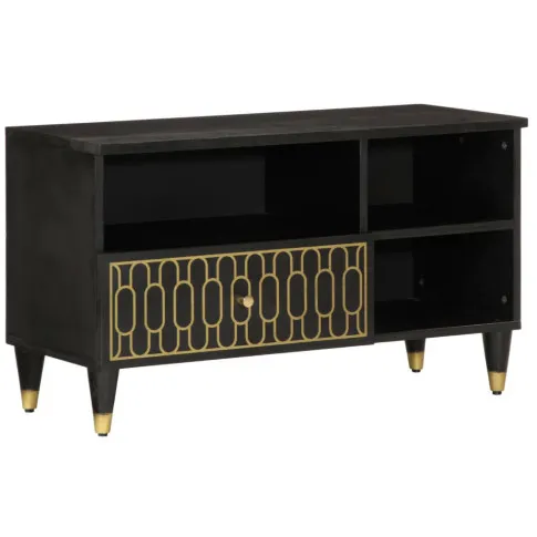 Czarna drewniana szafk aRTV z szufladą i półkami Movissa 22X