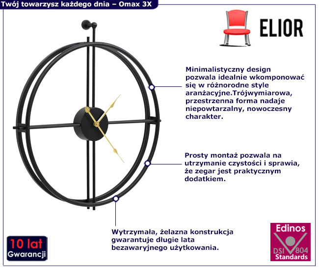 okragły czarny zegar scienny Rabat 3X 