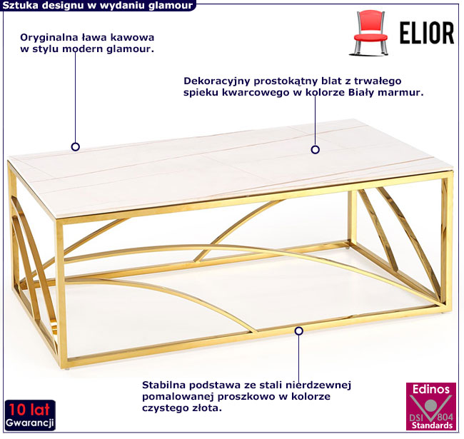 Złota nowoczesna ława z blatem marmur Cristal 2X