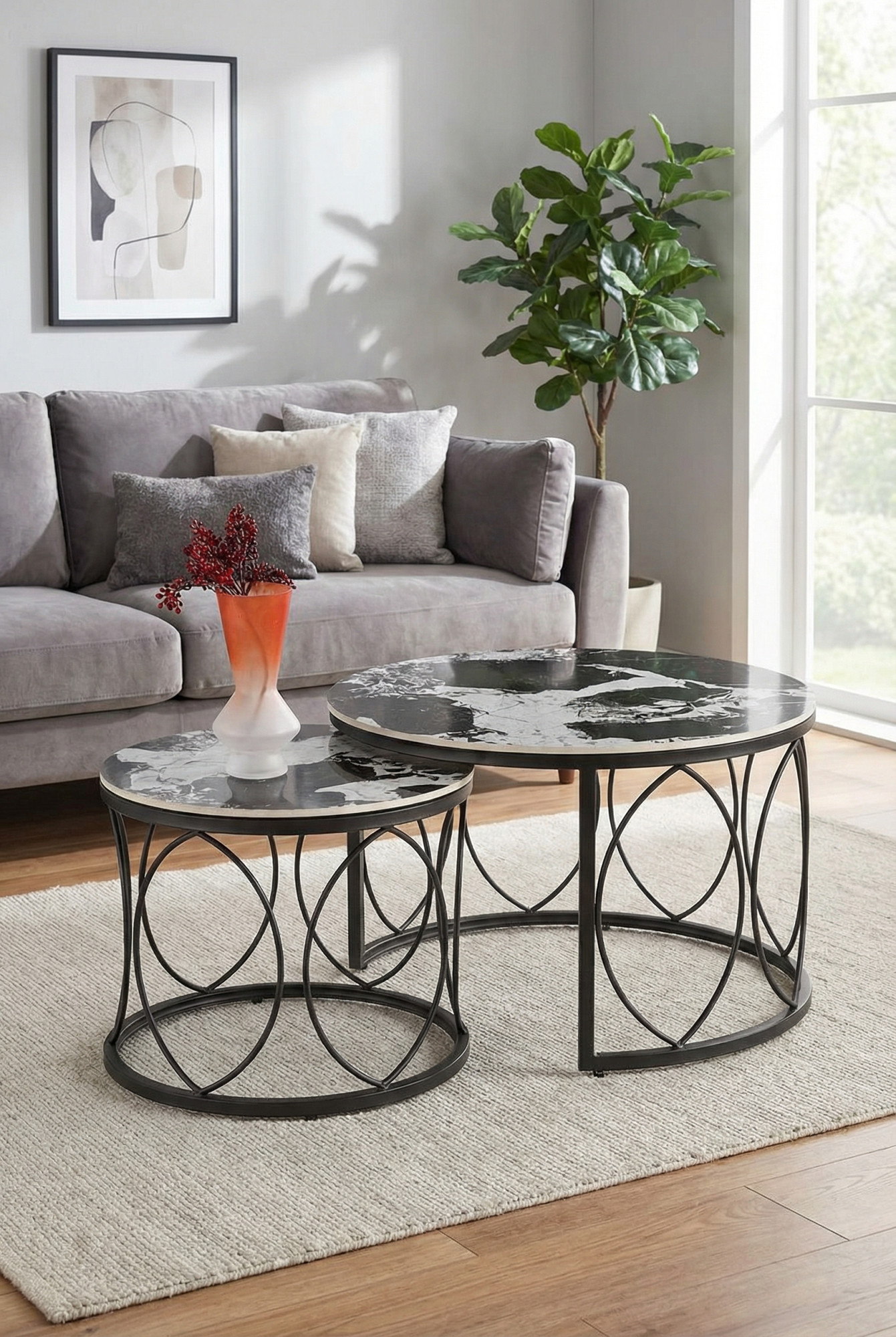 Aranżacja salonu z zestawem 2 stolików kawowych czarny marmur Poliov
