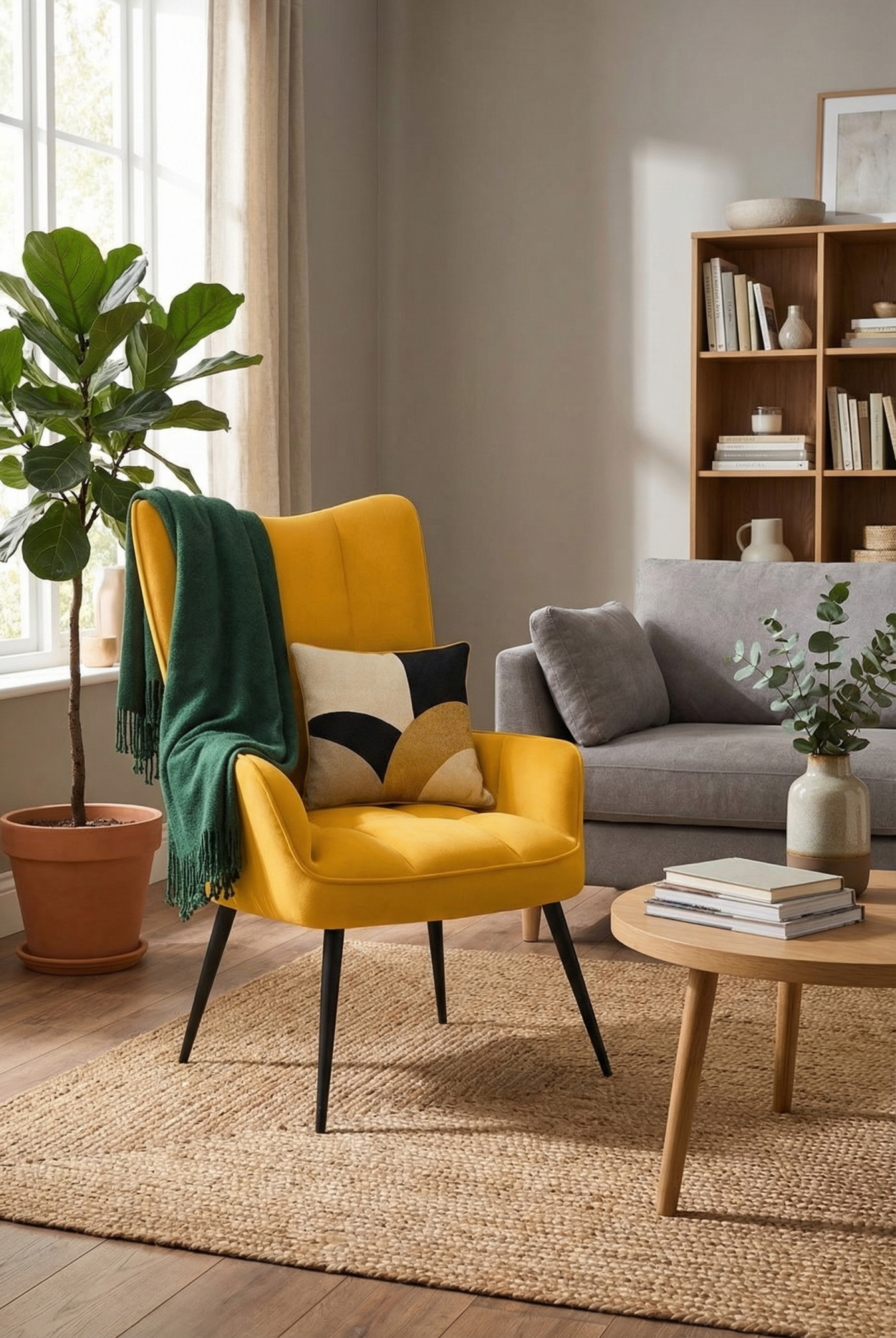 Wizualizacja wnętrza z musztardowym fotelem Verria