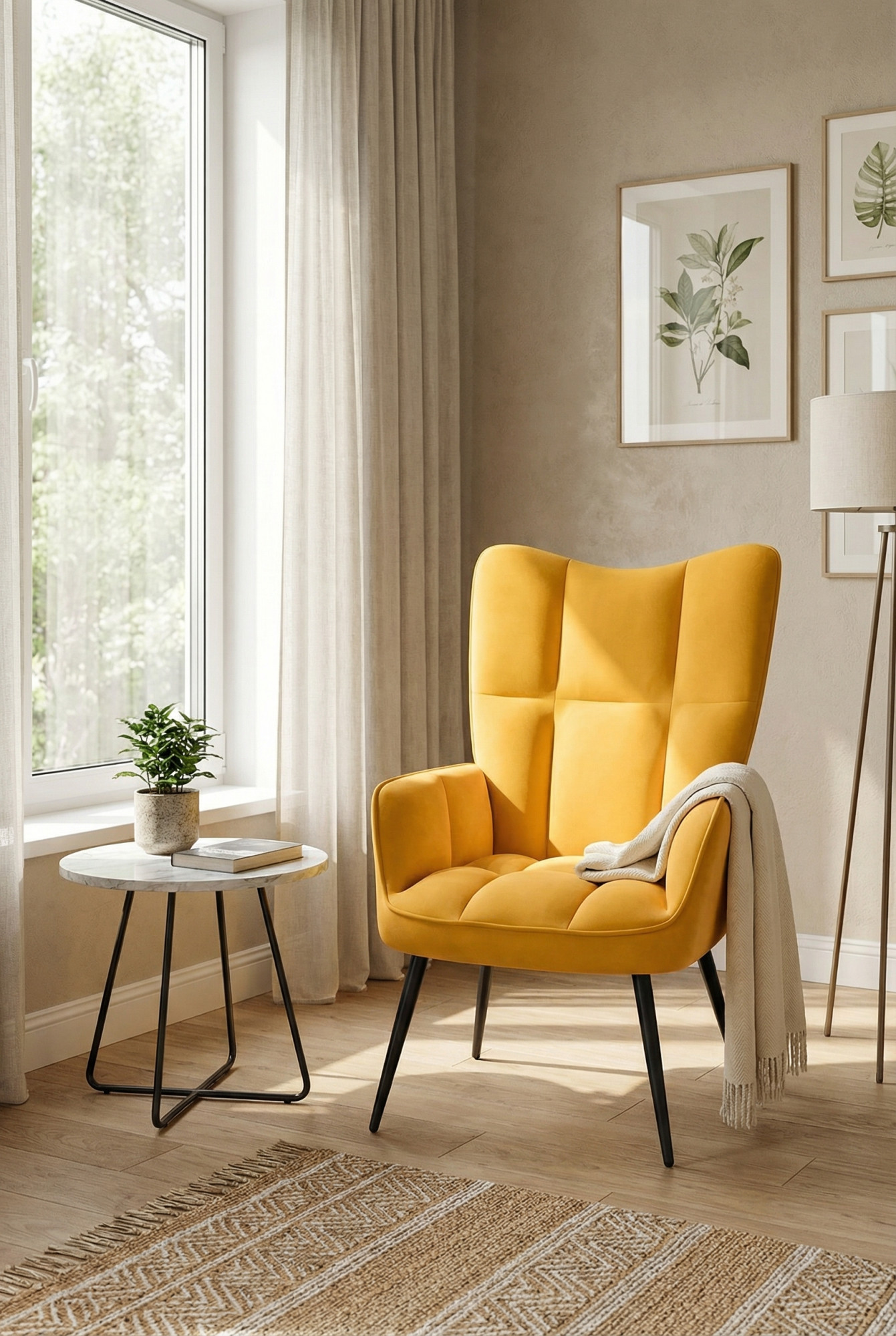 Wizualizacja wnętrza z musztardowym fotelem Verria