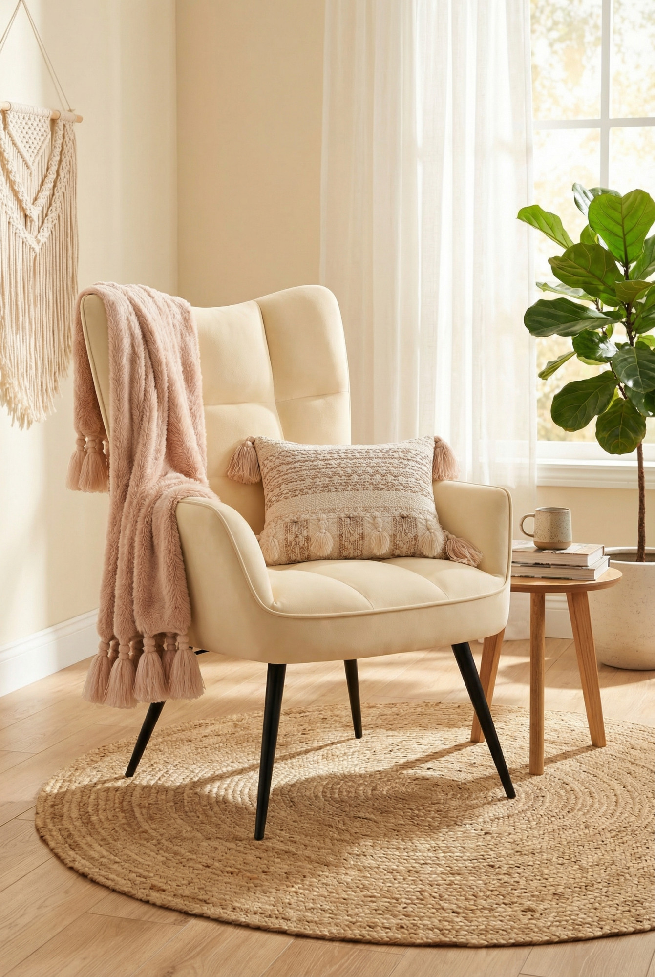 Aranżacja wnętrza z kremowym fotelem pikowanym Verria