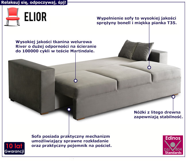 Szara rozkładana sofa welurowa 3-oosbowa Arca
