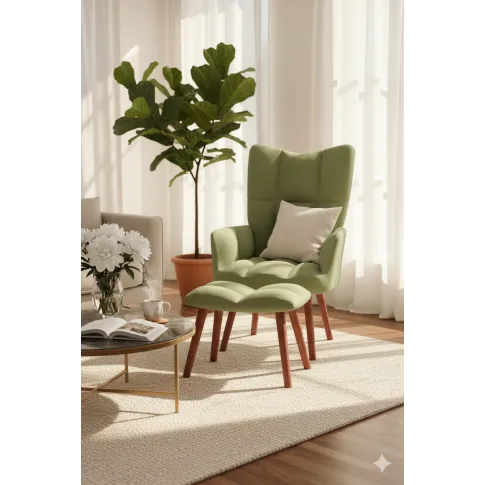 Jasnozielony pikowany fotel wypoczynkowy z podnóżkiem   Debora