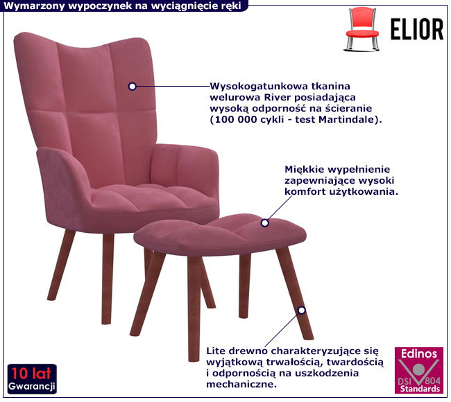 Różowy pikowany fotel wypoczynkowy Debora