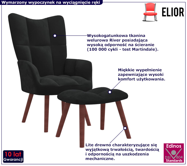 Czarny pikowany fotel wypoczynkowy Debora