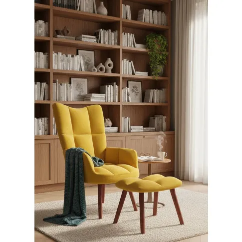 Musztardowy welurowy fotel wypoczynkowy z podnóżkiem   Debora