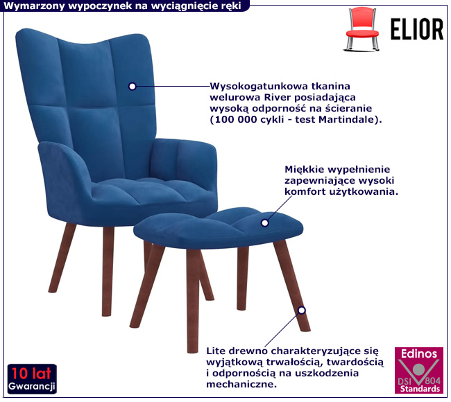 Niebieski pikowany fotel wypoczynkowy Debora