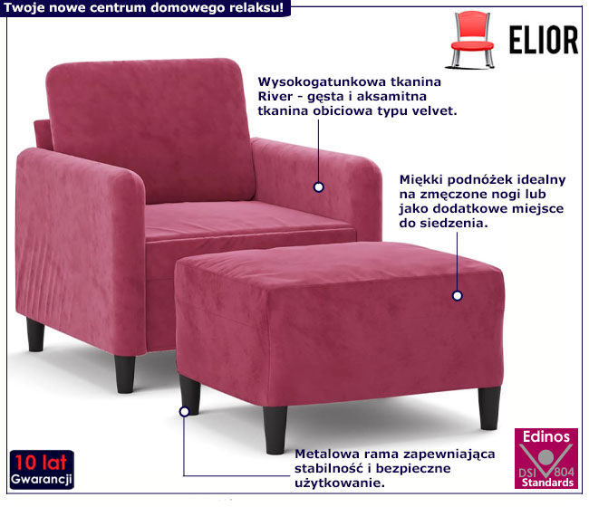 Czerwony fotel z podnóżkiem Tofos