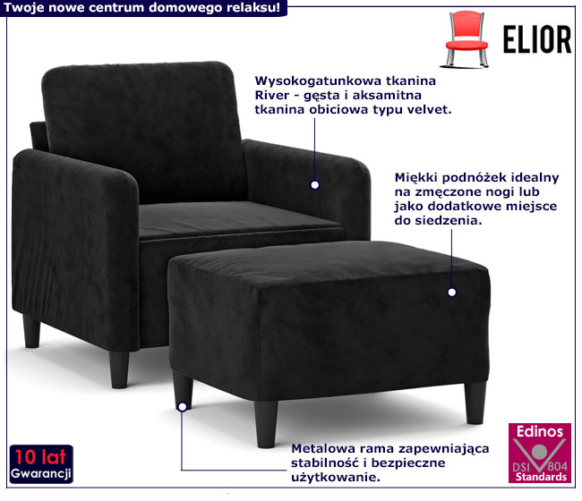 Czarny fotel z podnóżkiem Tofos