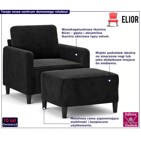 Tapicerowany fotel z podnóżkiem Cyref czarny