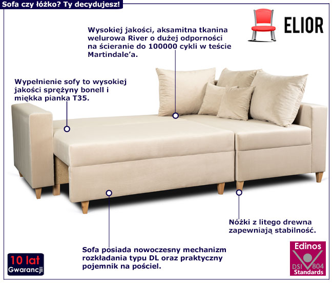 Beżowa rozkładana sofa narożna prawostronna Emexo