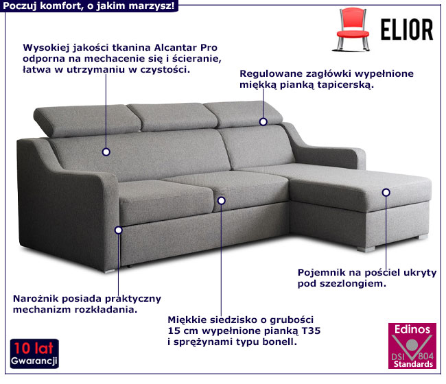 Szara rozkładana sofa narożna prawostronna Engi