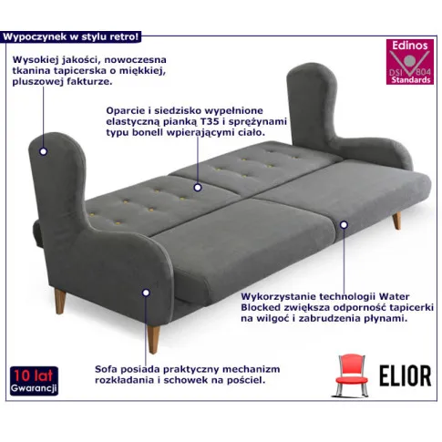Rozkładana szara sofa retro Hiza