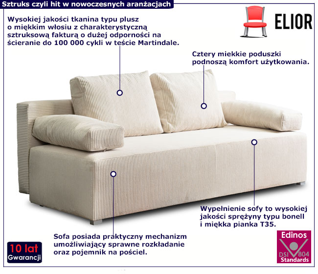 Beżowa sztruksowa sofa z funkcją spania Ardala