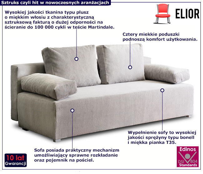 Jasnoszara sztruksowa sofa z funkcją spania Mesa