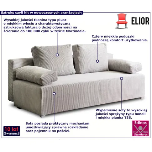 Jasnoszara sztruksowa sofa Arna