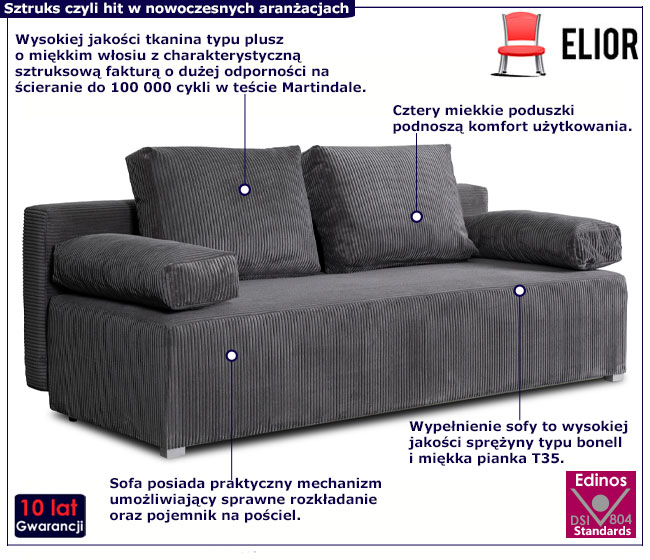 Ciemnoszara sztruksowa sofa z funkcją spania Ardala
