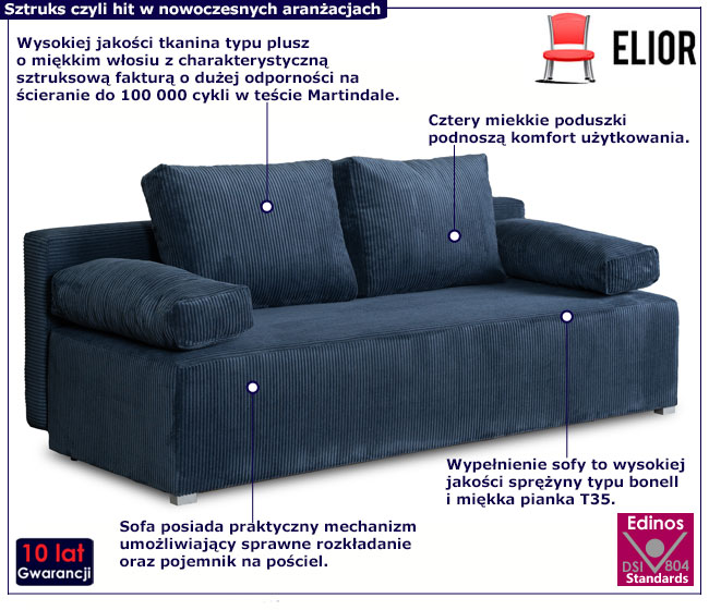 Granatowa sztruksowa sofa z funkcją spania Arna