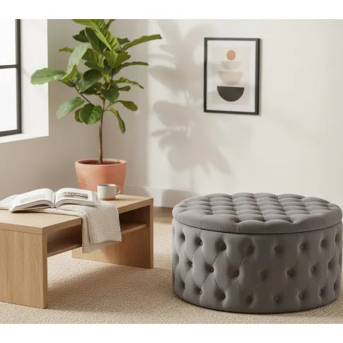 Popielata okrągła pikowana pufa ze schowkiem   Issen