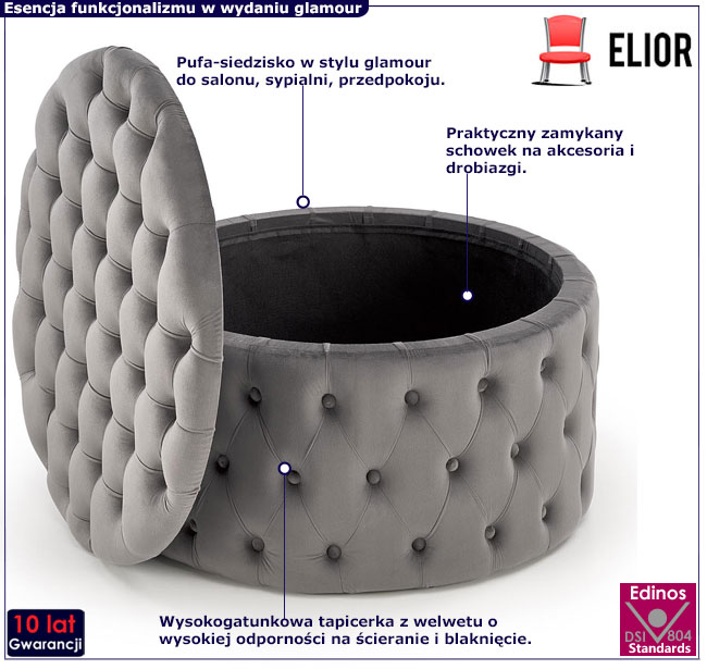 popielata pikowana pufa ze schowkiem Issen