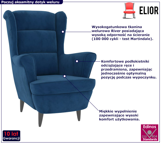 Niebieski pikowany fotel wypoczynkowy Risten