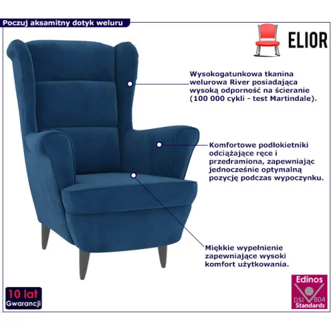Niebieski welurowy fotel wypoczynkowy Donello