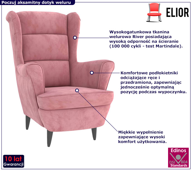 Różowy pikowany fotel wypoczynkowy Mariel