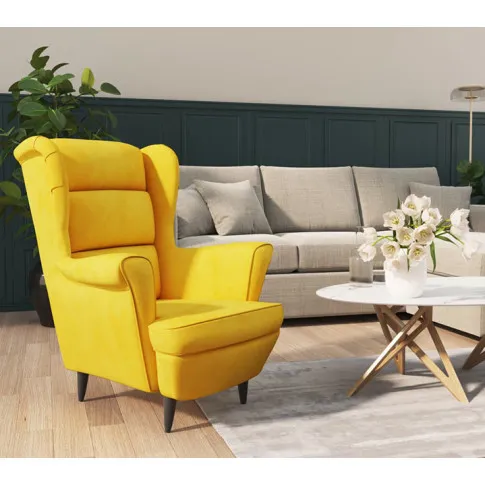 Wizualizacja wnetrza z musztardowym fotelem Donello